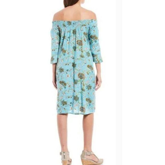 Masai Off the Shoulder Blue Floral Smocked Tunic Dress NWT Size Medium - Picture 2 of 10